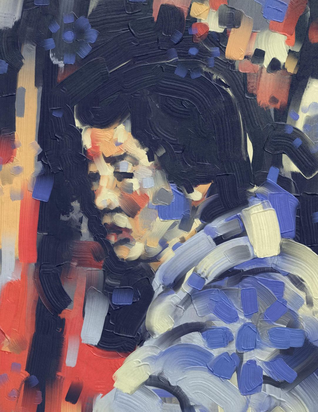 Painted portrait of a figure in a blue patterned coat, head bowed