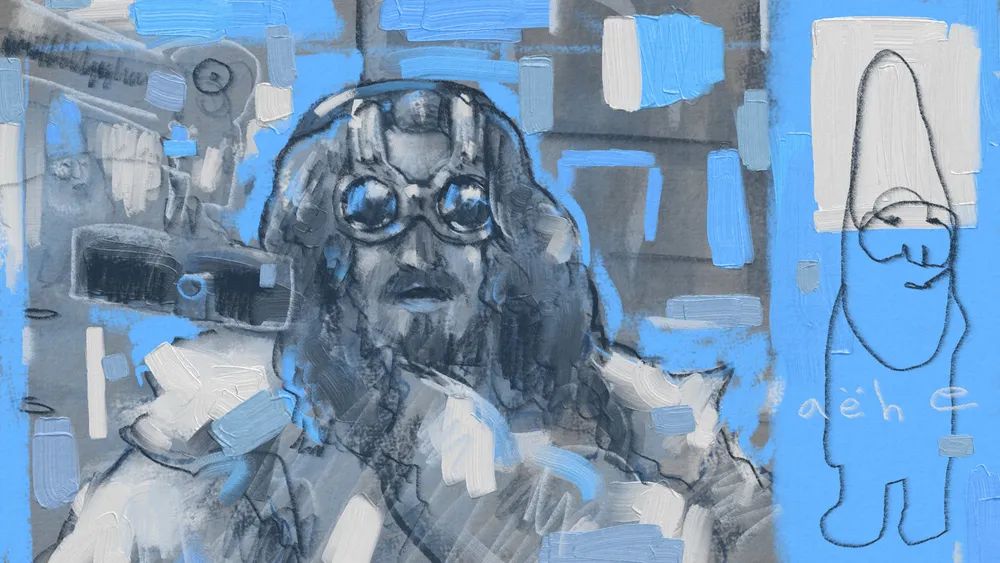 Figure in goggles beside a doodled gnome, in grey and blue