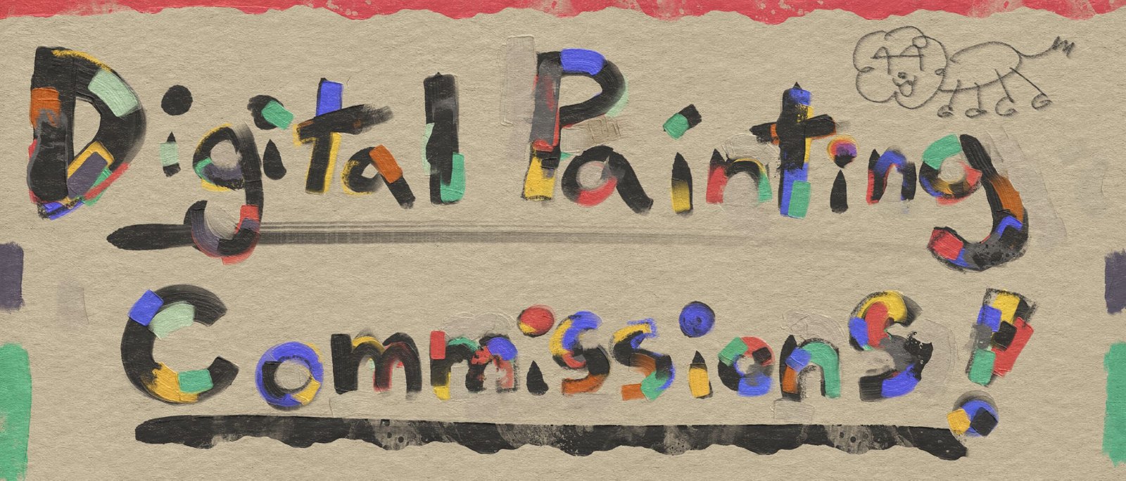Digital Painting Commissions!, hand-lettered in painted, multicolored letters